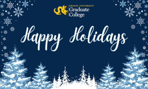 Navy image with white and blue trees and snowflakes that says "Happy Holidays"